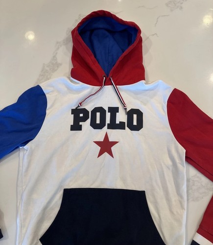 Polo Ralph Lauren Star Sudadera con Capucha Rojo Blanco Azul EE. UU. Colorblock Talla M EXCELENTE - Imagen 2 de 6