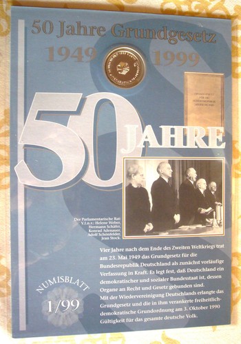NUMISBLATT DEUTSCHE POST 1/99 "  50 JAHRE GRUNDGESETZ  ", mit 2 Infoseiten, in O - Bild 1 von 5