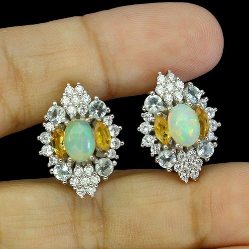 Orecchini in argento sterling 925 opale di fuoco ovale 7x5 mm gemme gemme... - Foto 2 di 9