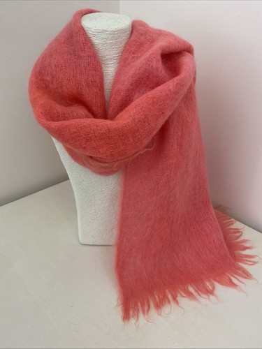 Vintage Coral Orange Pure Scottish Mohair Rectangle Fringe Scarf 185cm x 40cm - Picture 2 of 16