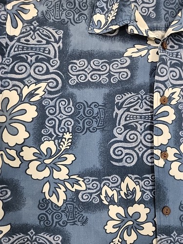 VTG Point Zero Tribal Hawaiian Floral Button Down Shirt Size L Blue - Picture 3 of 6