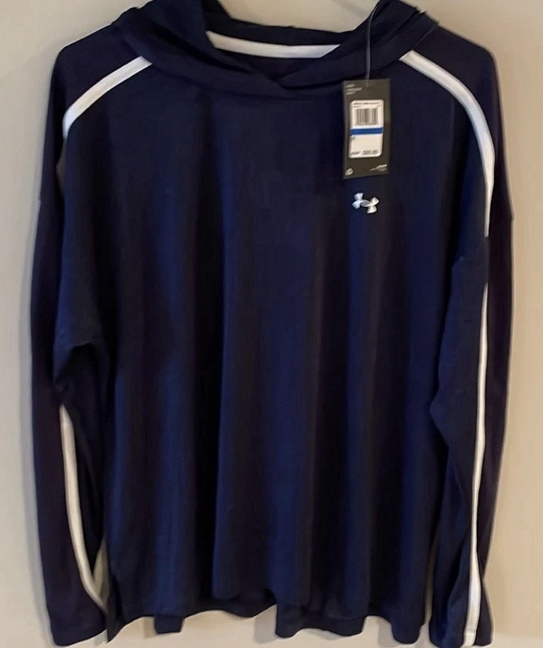 NEW Women's Under Armour Hoodie Heather Navy W/ Stripe Loose Size XL MSRP $50