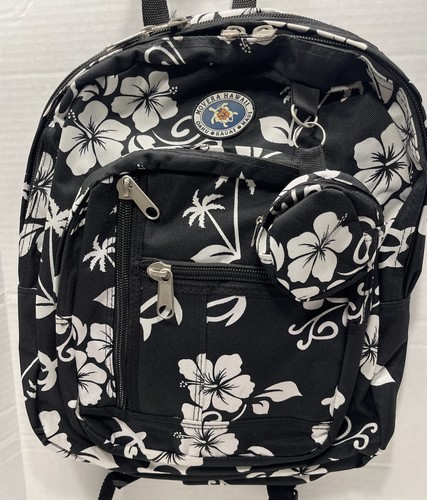 Movera Hawaii Black & White Backpack Flowers & Palm Trees W/Keychain Pouch READ - Picture 2 of 19