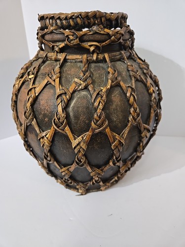 Jarrón de cerámica Satsuma negro japonés antiguo intrincado diseño de bambú de ratán 10" - Imagen 5 de 9