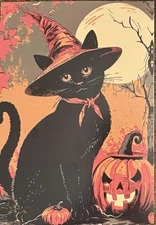 Halloween Black Cat Witch Hat Pumpkin Moon Postcard PC287 Halloween Tonya