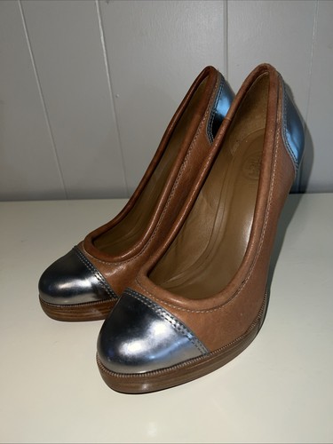 Tory Burch Women's SZ 8M Brown Leather 5” Heels Metallic Silver Toe & Heel - Picture 8 of 15