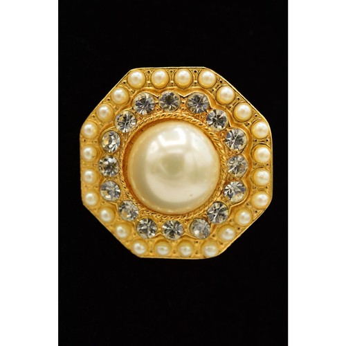 Vintage Hexagon Crystal Pearl Pin Brooch White Rhinestone Gold Tone NOS 1980s 9B - Picture 2 of 10