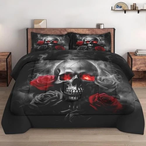 Juego de edredón tamaño llama 3 piezas ropa de cama suave para niños y calavera king rosa roja Foto 4 de 4