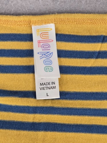 Camiseta para mujer LuLaRoe manga corta alta/baja, rayas amarillas/azules, grande - Imagen 4 de 4