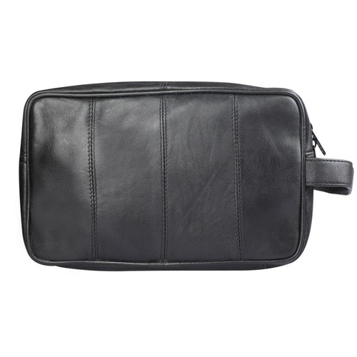 NEW MENS SOFT BLACK LEATHER TRAVEL WASH BAG TRAVEL KIT OVERNIGHT 3510 - Picture 5 of 6