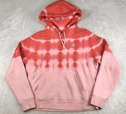 Champion Reverse Weave Sweater Womens Large Red Pink Tye Die Hoodie Sweatshirt