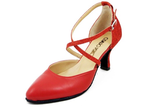 Scarpe Donna da Ballo Pelle e Glitter Rosso Tacco Medio 7 cm MADE IN ITALY - Picture 2 of 5