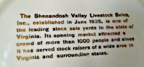 SHENANDOAH VALLEY LIVESTOCK SALES PLATE SINCE 1935 HARRISONBURG VA WHITE GOLD. - Picture 3 of 10