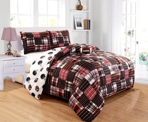 Kids Football Sports Theme Black Red White Brown Plaid Comforter