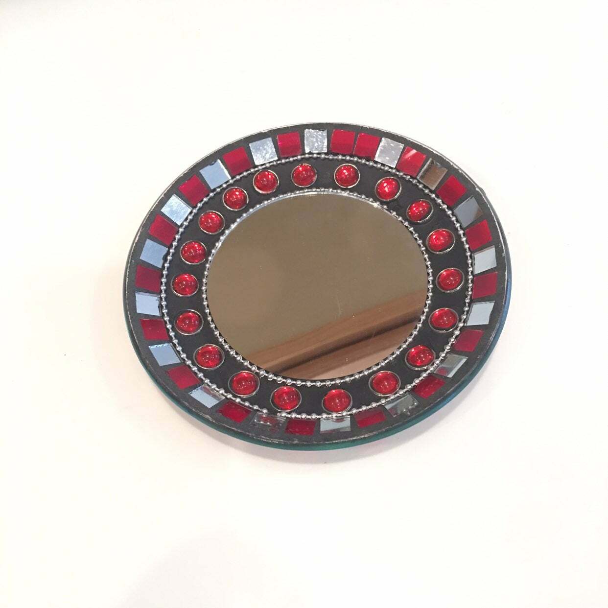 VTG JEWELED TRINKET Mirror PLATE Candle holder Dish