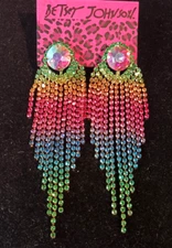 Dazzling RAINBOW Rhinestone TASSEL Jewels Betsey Johnson Dangle Earrings