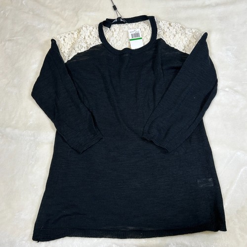 Cable & Gauge Women's Black Lace Detail Sweater L | Long Sleeve Cotton Blend