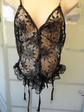 NWOT VTG Alana Gale USA Black Lace Teddy w/ Garters Front Ties - SZ M