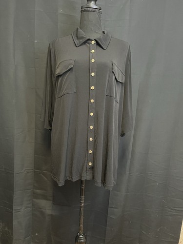 CALVIN KLEIN Black Snap Down Shirt w/Gold Snaps and Pockets Heavy Knit Size 2X