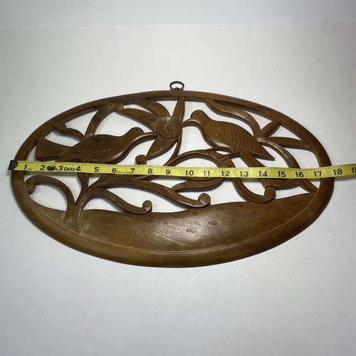 MCM Open Work Oval Wood Wall Decor Bird Floral Theme Large 18x11 Carved Decor - Picture 9 of 10