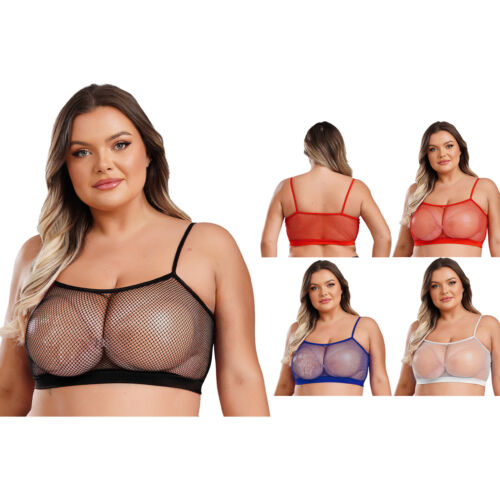 Women's Plus Size Fishnet Bra Wireless Sheer Mesh Bralette Sleeveless Short Vest - Picture 7 of 37