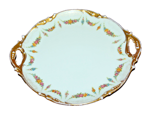 Jean Pouyat JPL Limoges Hand Painted Floral Two Handle Cake Plate Vintage T2187