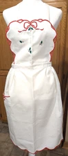 VTG 1987 HOLIDAY PINAFORE APRON HAND EMBROIDERED POCKET HOLLY & BOWS SZ M/L