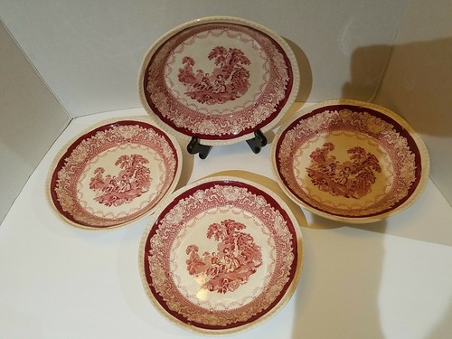 Set of 4 Wood Burslem England 1930s "Watteau" Red Transferware 7.5" bowls - Picture 8 of 8