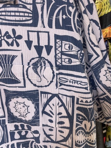 Shag Toes On The Nose Vintage Aloha Shirt Tiki Mask Tapa Pufferfish Hawaii L - Picture 2 of 9