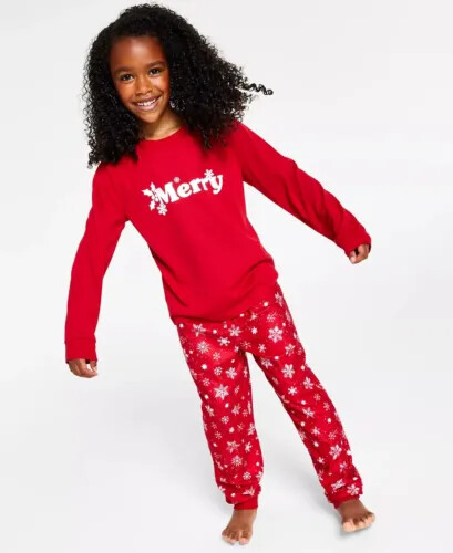 Family Pajamas Matching Kids Merry Snowflake Candy Red 2T-10/12 - Picture 1 of 2
