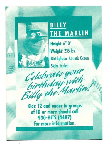 Billy der Marlin Maskottchen selten feiern Geburtstag Info Karte Florida Marlins - Bild 2 von 2