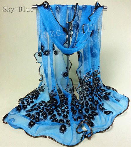 Lady Long Soft Silk-look Peacock Printed Scarf Shawl Stole Women Scarves New - Picture 4 of 25