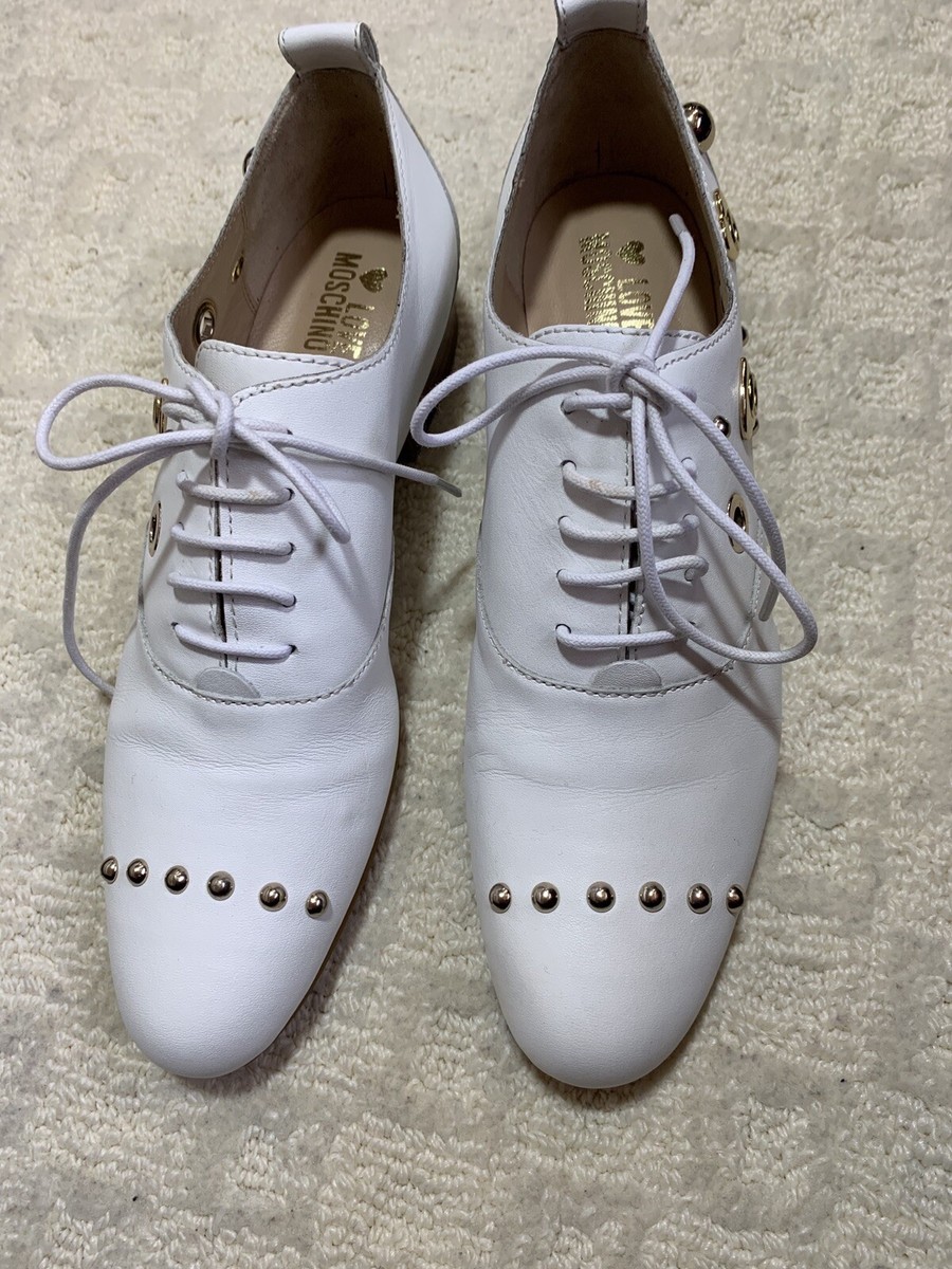 ローファー・オックスフォード Moschino Flat Shoes Love Moschino NEW Women Size 39.5 White Leather Lace Up