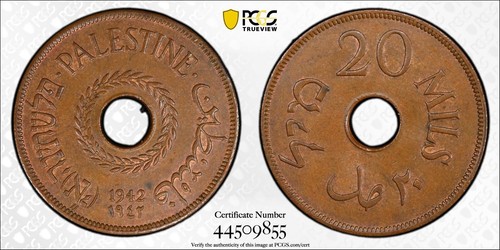 PALESTINE , 20 MILS 1942 - PCGS MS 63 BN , RAREW