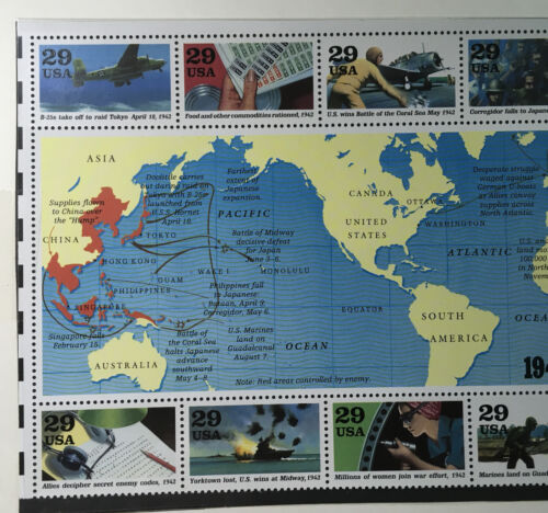 NANEE-B)US# 2697,1942 INTO THE BATTLE SOUVENIR SHEET,10 MNH STAMPS AND MAP X125 - Picture 3 of 5