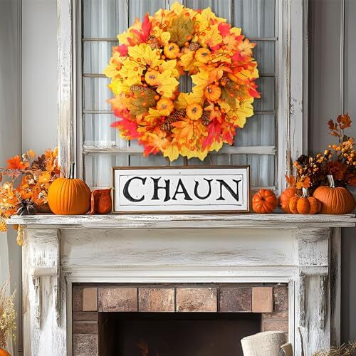Fall Wreath 20'' in Front Door Artificial Autumn Wreaths with Maples Orange - Picture 5 of 8