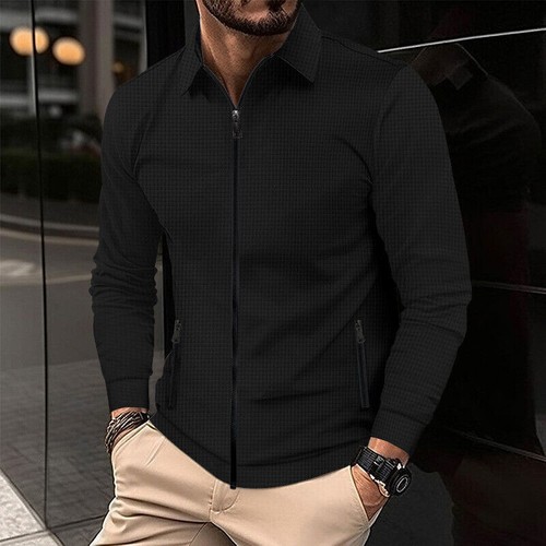Men's Casual Jacket Solid Color No Hat Slim Lapel Long Sleeve Zip Jacket Shirt - Bild 4 von 26