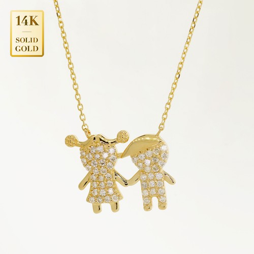 14K ECHTER Diamant Mädchen und Junge Halskette, echtes massives Gold süßes Geschenk Halskette - Bild 1 von 7