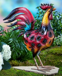 Rooster-Bright-Bird-Garden-Yard-Statue-Metal-Stake-Lawn-Art-Decor-Ornament-15-034-H