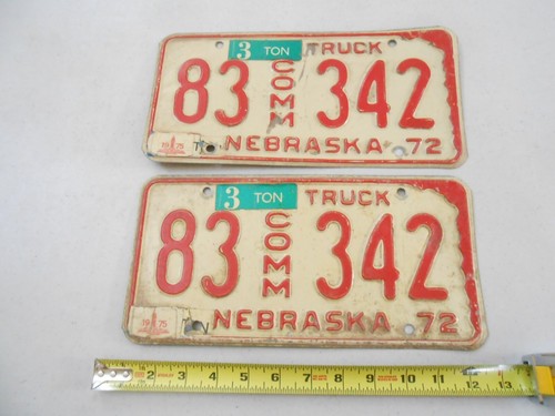 RARE 1972 SET PAIR 2 NEBRASKA RAISED LETTER LICENSE PLATE 83 342 COMM TRUCK - Picture 2 of 4