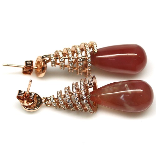 925 Sterling Silver 11 x 19 mm. Orange Agate, Ruby & Zircon Earrings Christmas - Picture 3 of 4