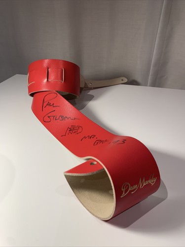 Paul Gilbert Signed 1993 Mr Big Dean Markley Guitar Strap 2.5" VTG Red Leather - Foto 4 di 11