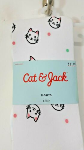 Cat & Jack Girl's Size 12-14 White Multicolored Cats & Polka Dots Tights