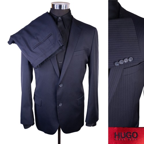 Hugo Boss 2-Pcs Suit Striped Blue Two Button Jacket Blazer Sz 42S Pants 34X29