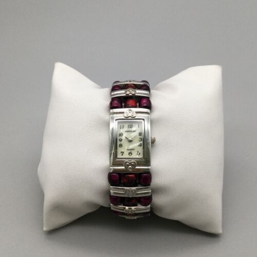 Versales Watch Women 20mm Silver Tone MOP Red Open Hinged Cuff New Battery - Picture 2 of 13