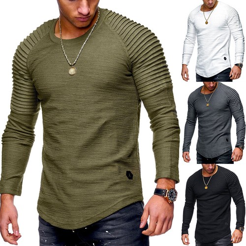 Men O Neck Long Sleeve T-shirt Basic Tee Shirts Pleated Shoulder Casual Fashion - Picture 1 of 33