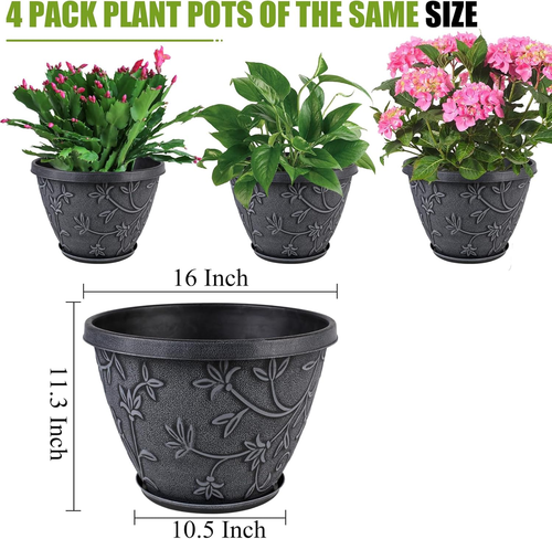 4 Pack 16 Inch Large Plant Pot for Outdoor, Plastic Flower Pot Indoor with Drain - Picture 7 of 12
