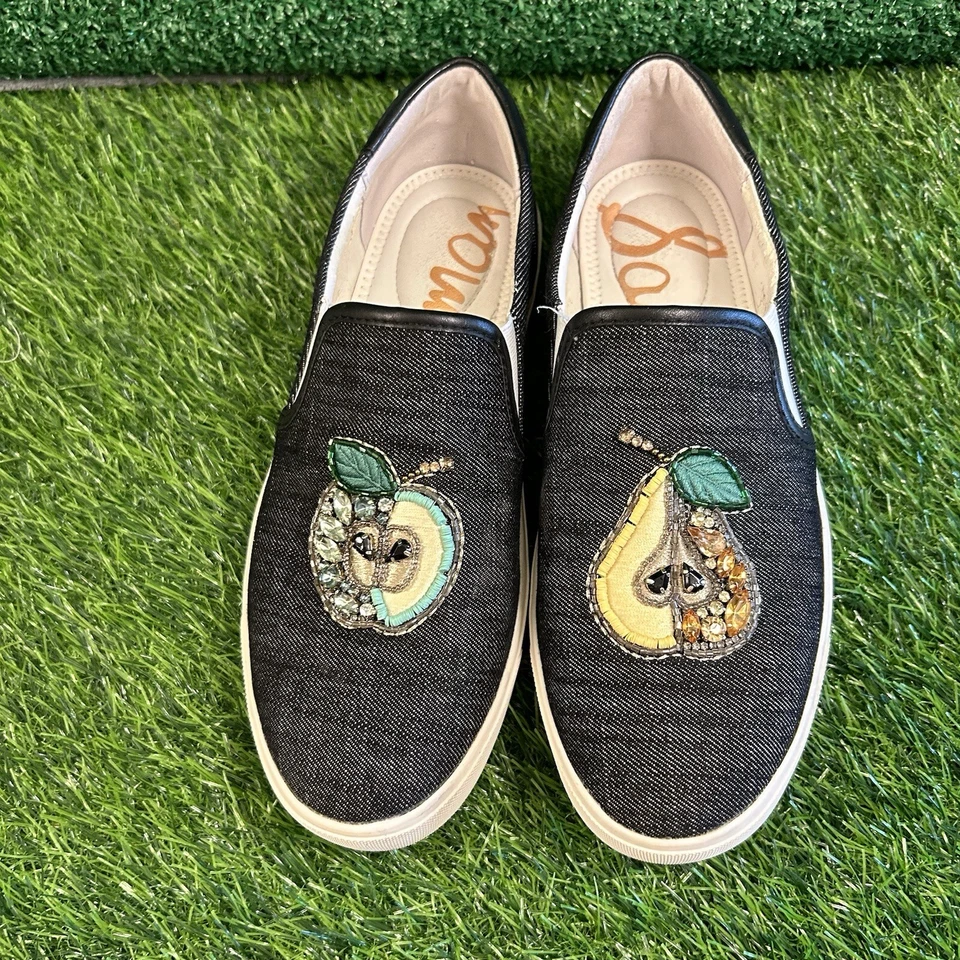 Sam Edelman Evelina Womens 8 M Black Shoes Sneaker Apple Pear Studded Embroidery - Image 3 of 4