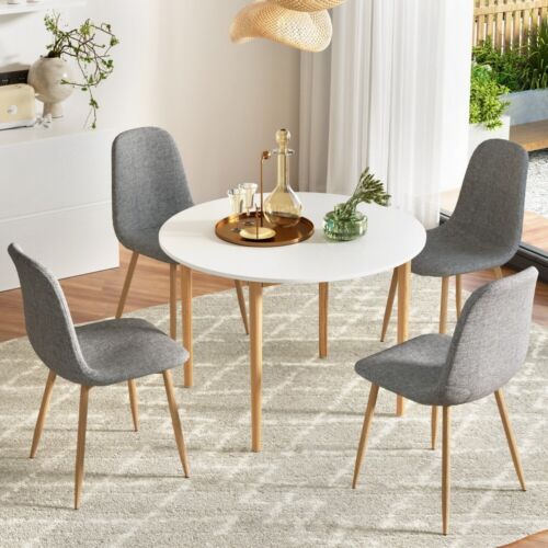 Artiss 5 Piece Dining Set White Round Table 4 Grey Fabric Chairs Modern Kitchen - Picture 8 of 8