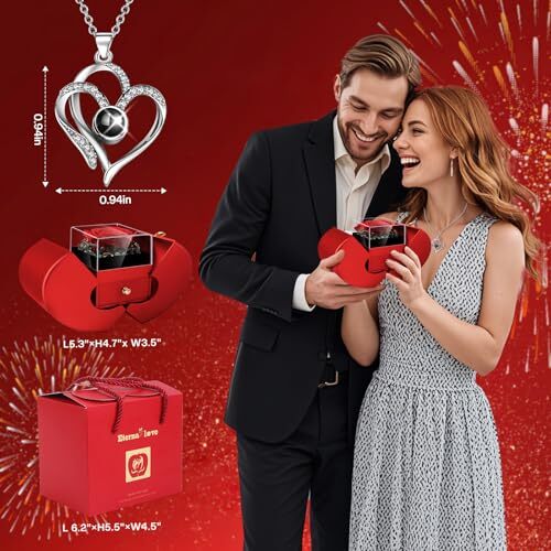 Preserved Rose Box with I Love You Necklace 100 Languages, Gifts for Her Red - Picture 2 of 7